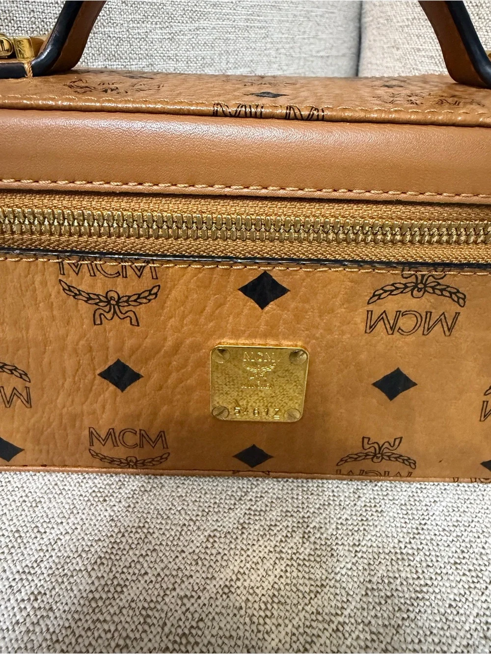 MCM Cognac Logo Visetos Leather Vanity Bag with Gold Hardware